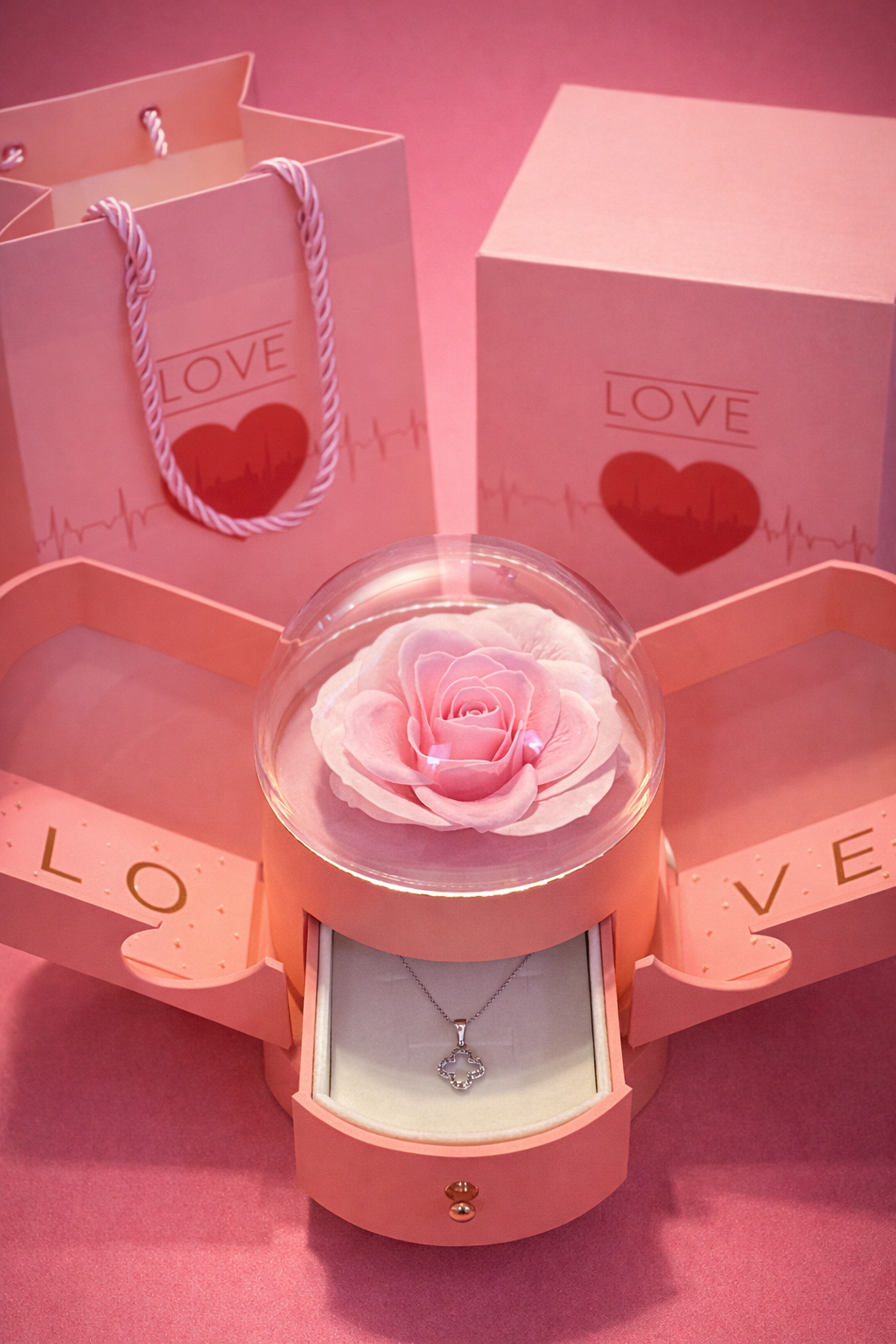 Trandafir Etern Roz cu Colier